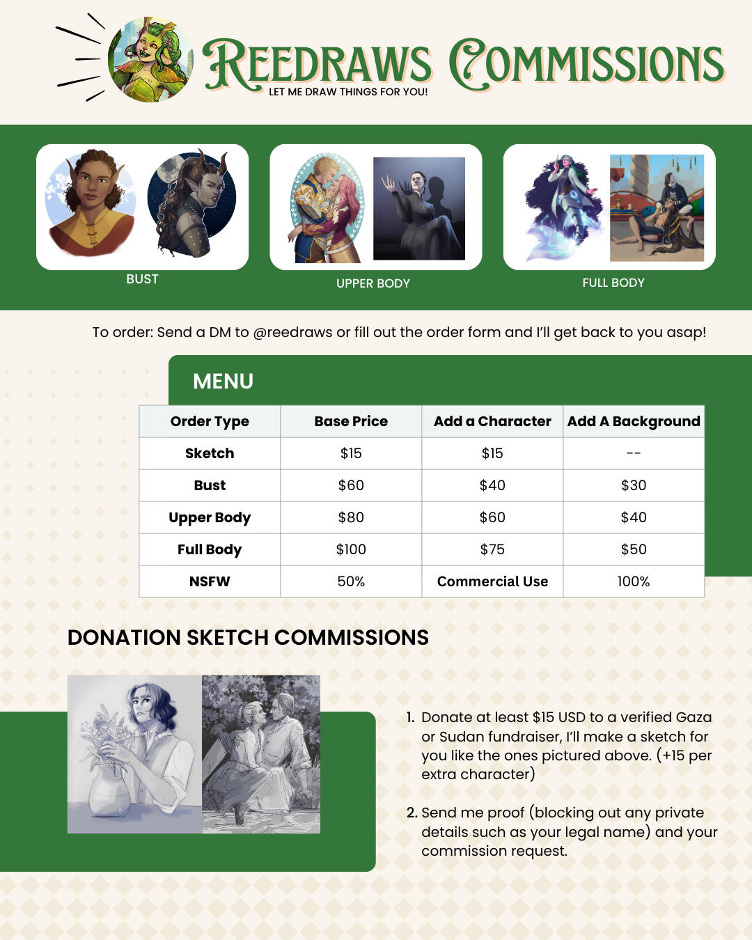 An image depicting samples of art commissions and a menu that includes the prices listed below.